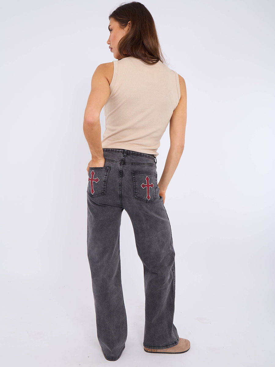 Straight Leg Denim Jeans With Cross Detail