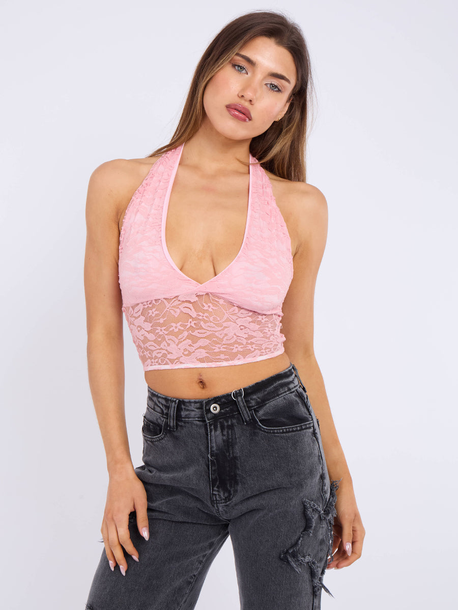 Halterneck Tie-Knot Lace Crop Top