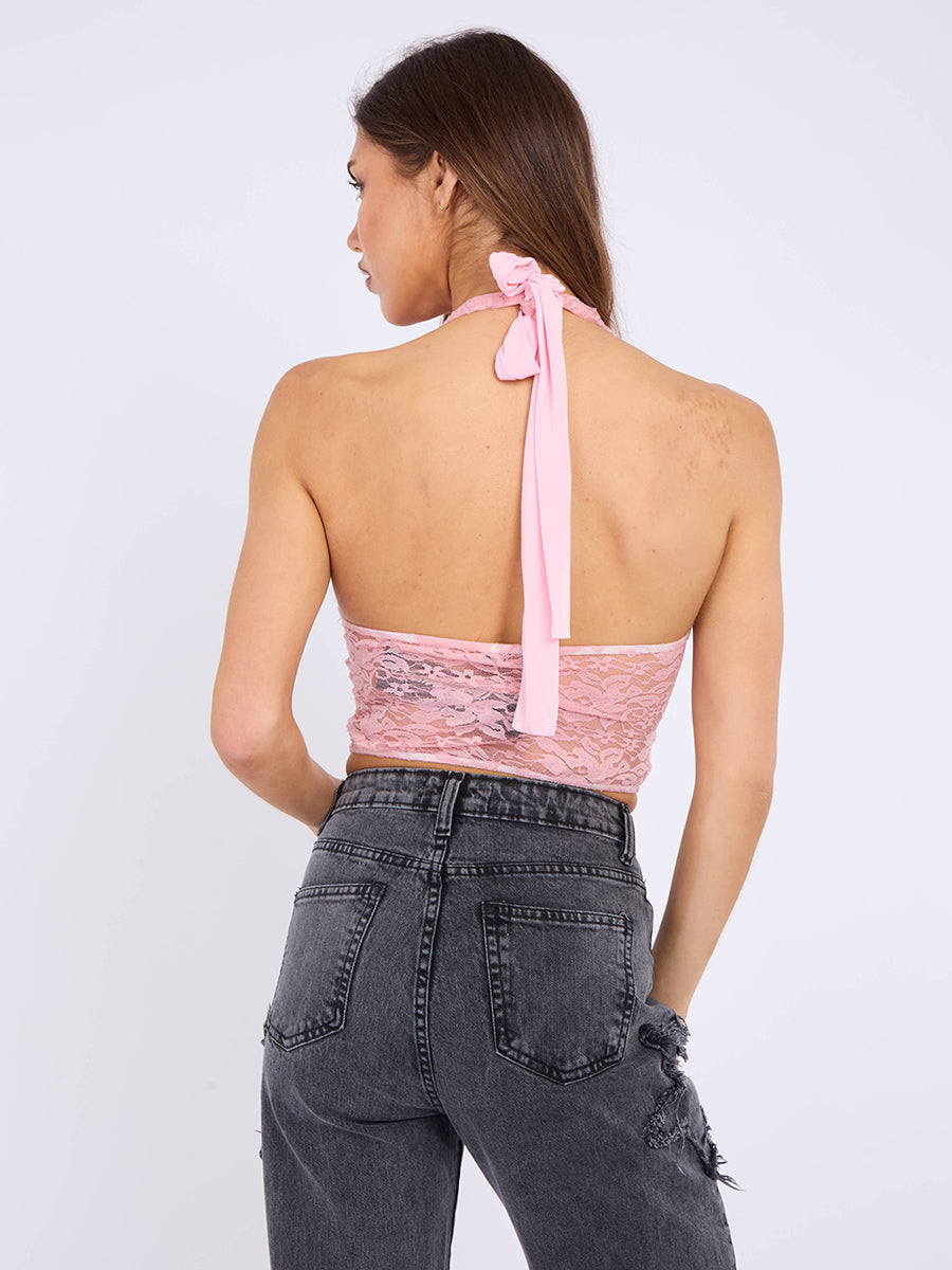 Halterneck Tie-Knot Lace Crop Top