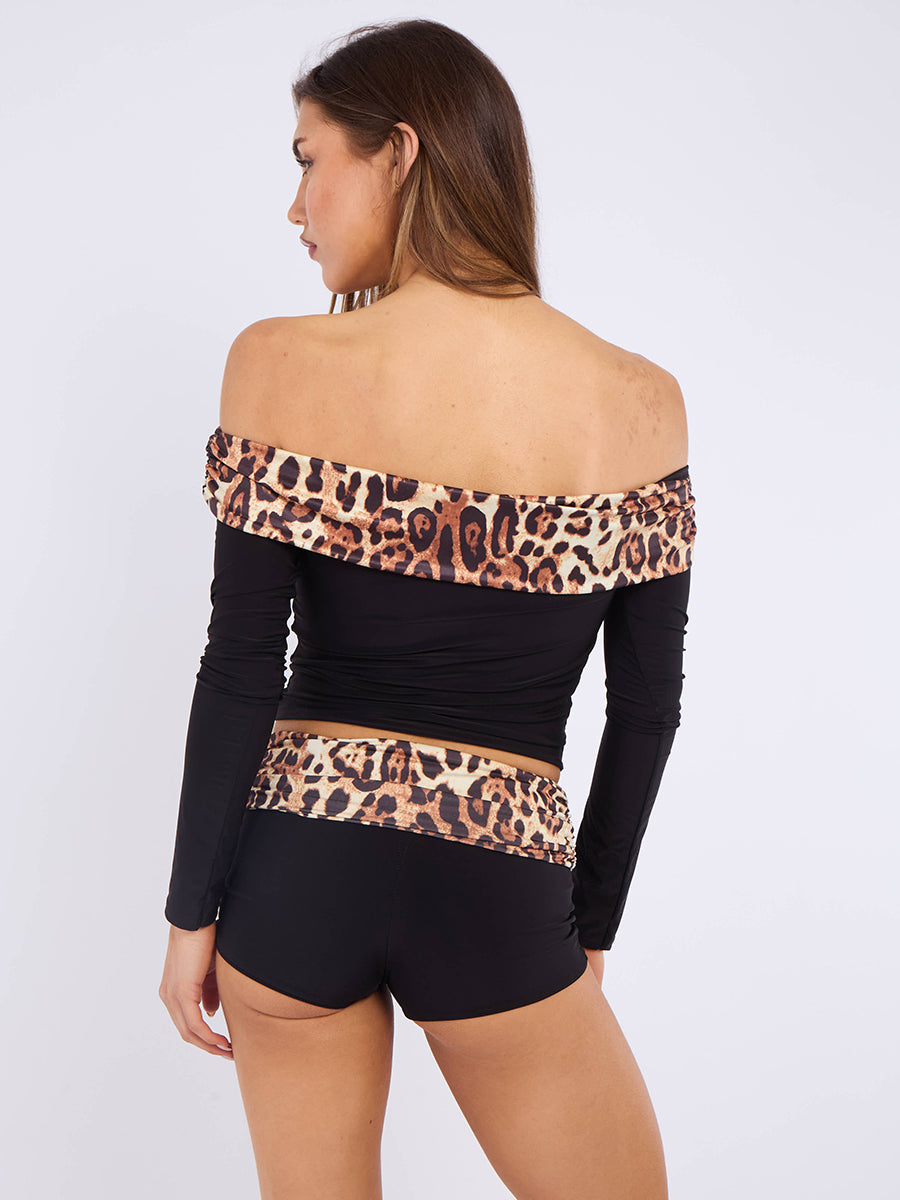 Off-Shoulder Leopard Print Top & Ruched Shorts Co-ord