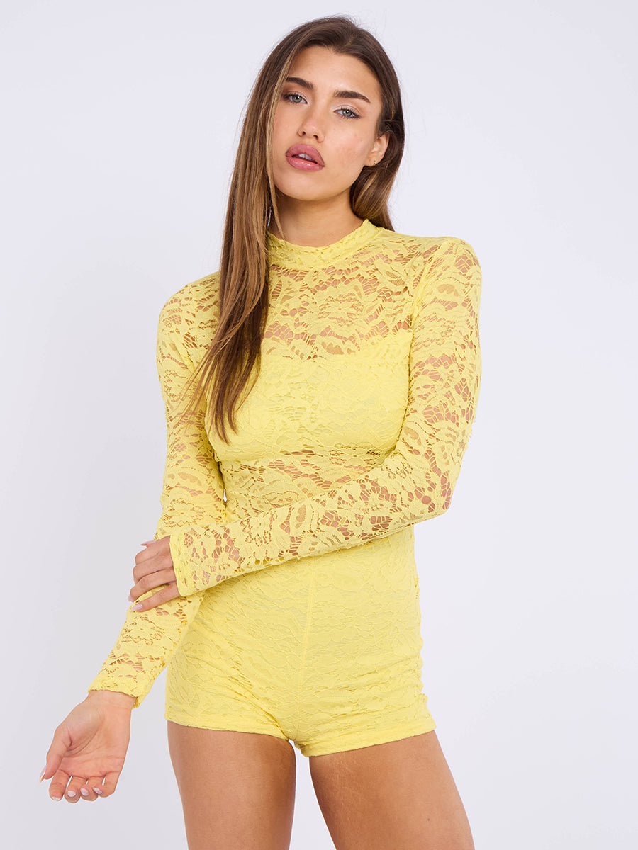 Lace Detail High Neck Long Sleeve Playsuit