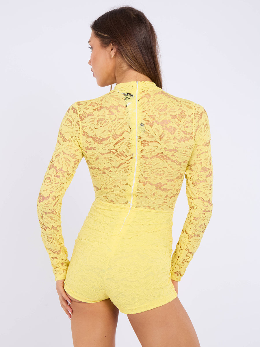 Lace Detail High Neck Long Sleeve Playsuit