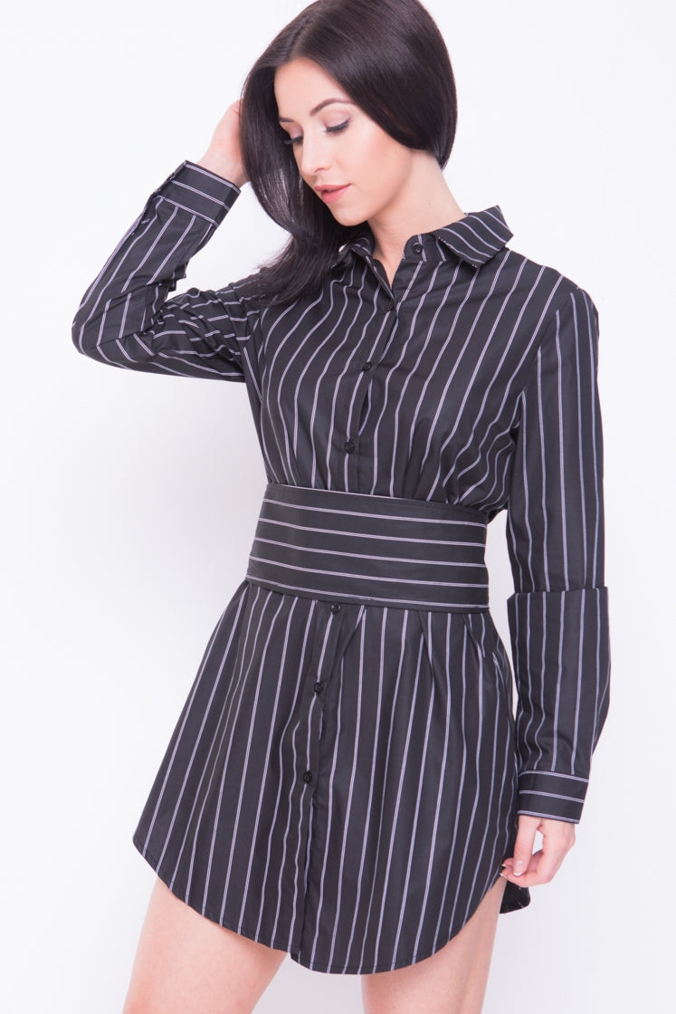 Corset Belt Detail Stripe Shirt Dress
