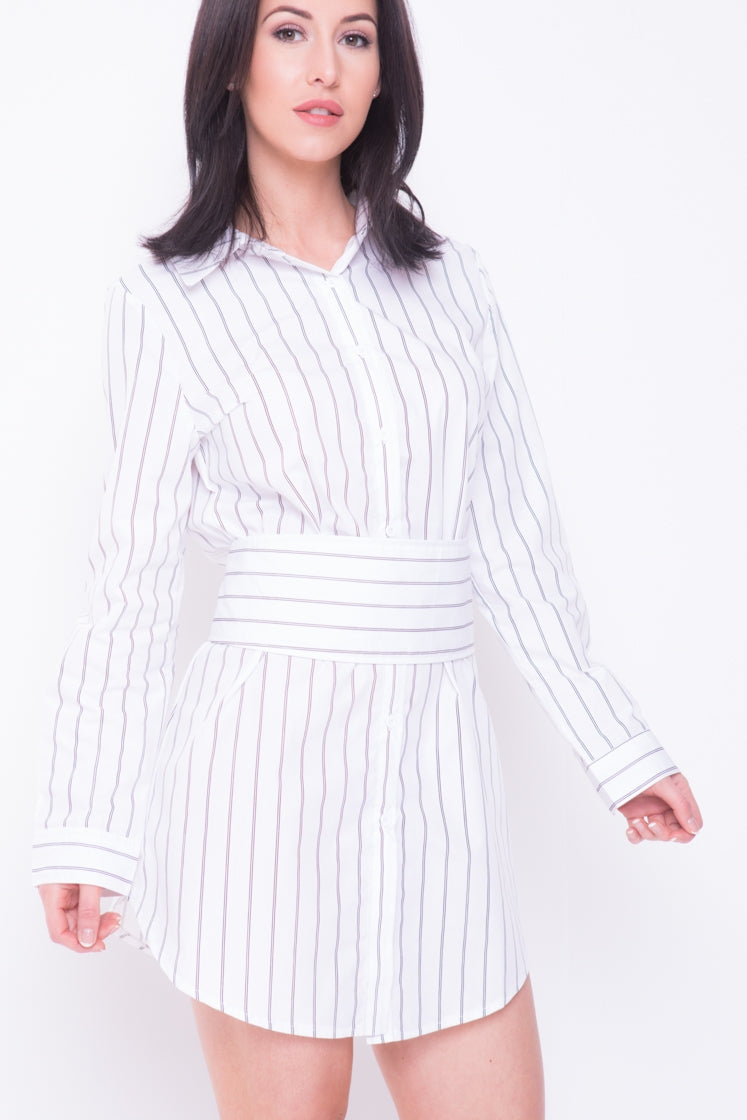 Corset Belt Detail Stripe Shirt Dress