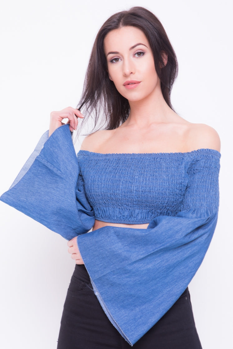 Smocked Denim Bardot Crop Top