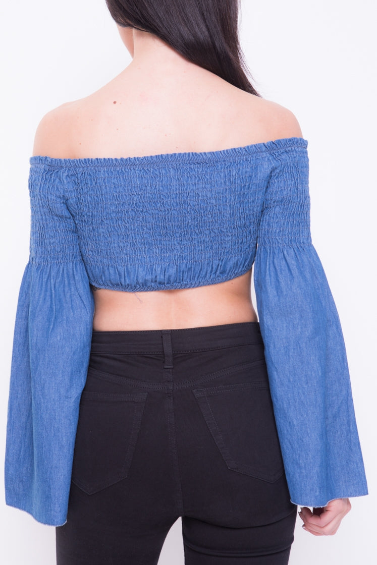 Smocked Denim Bardot Crop Top
