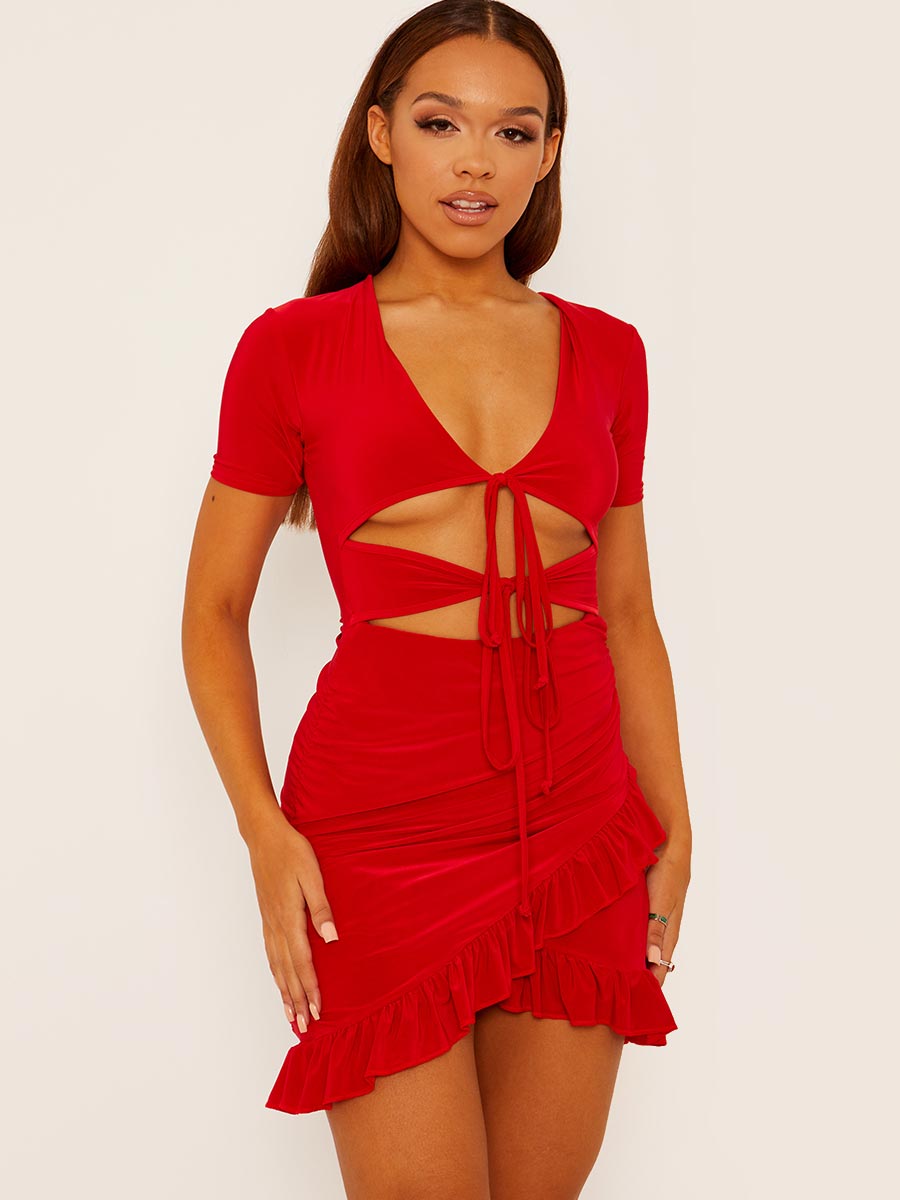 Cut Out Frill Hem Ruched Dress