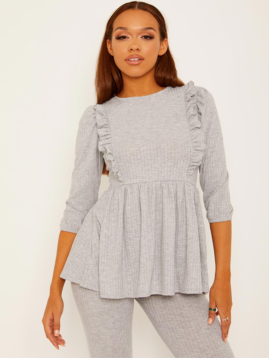 Frill Detail Ribbed Peplum Co-ord