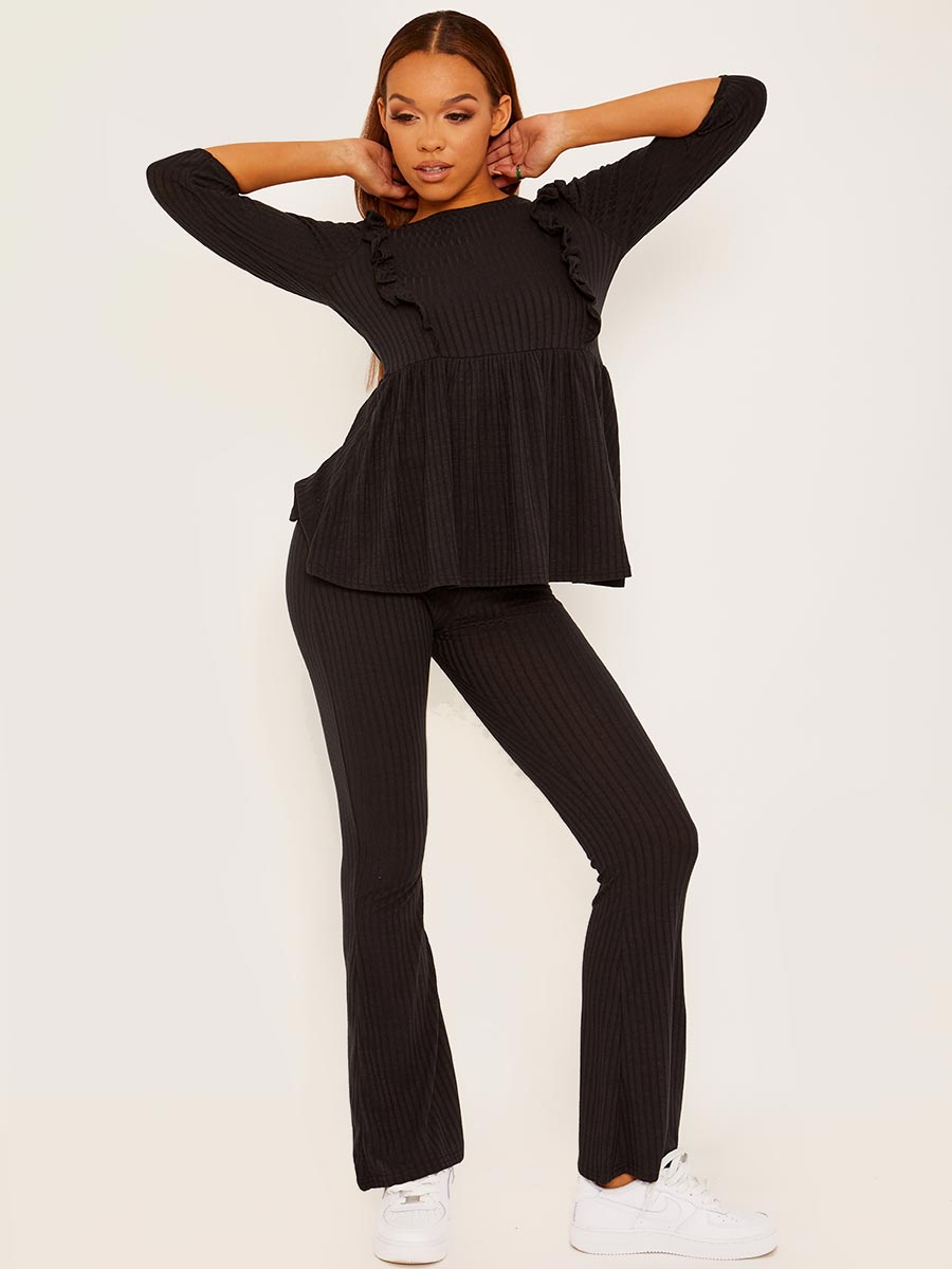 Frill Detail Ribbed Peplum Co-ord