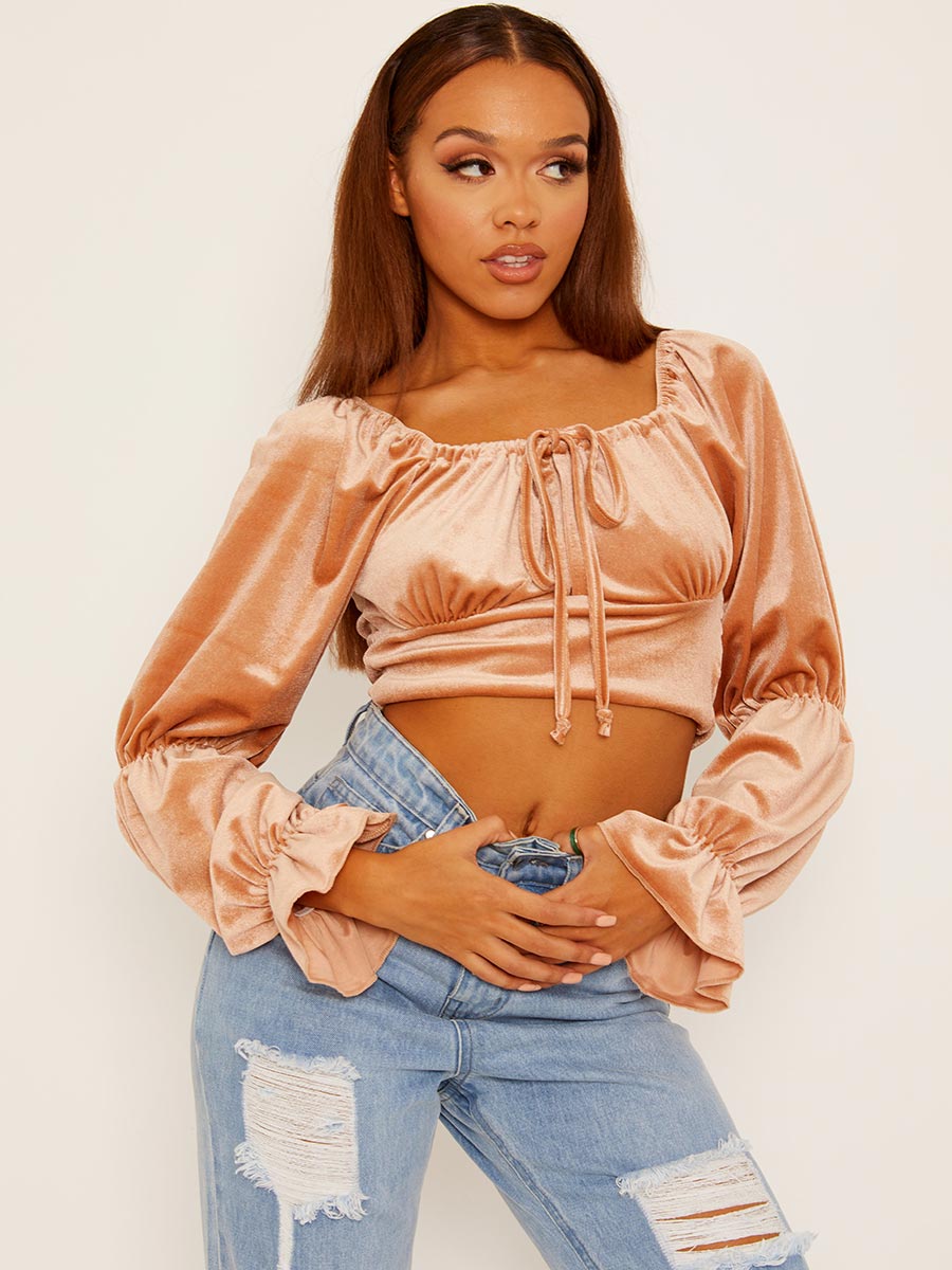 Velour Crop Top with Ruched Sleeves