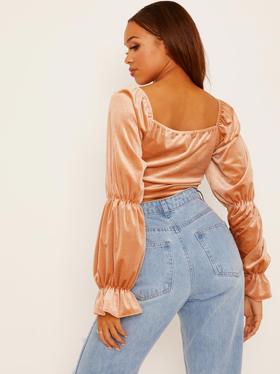 Velour Crop Top with Ruched Sleeves