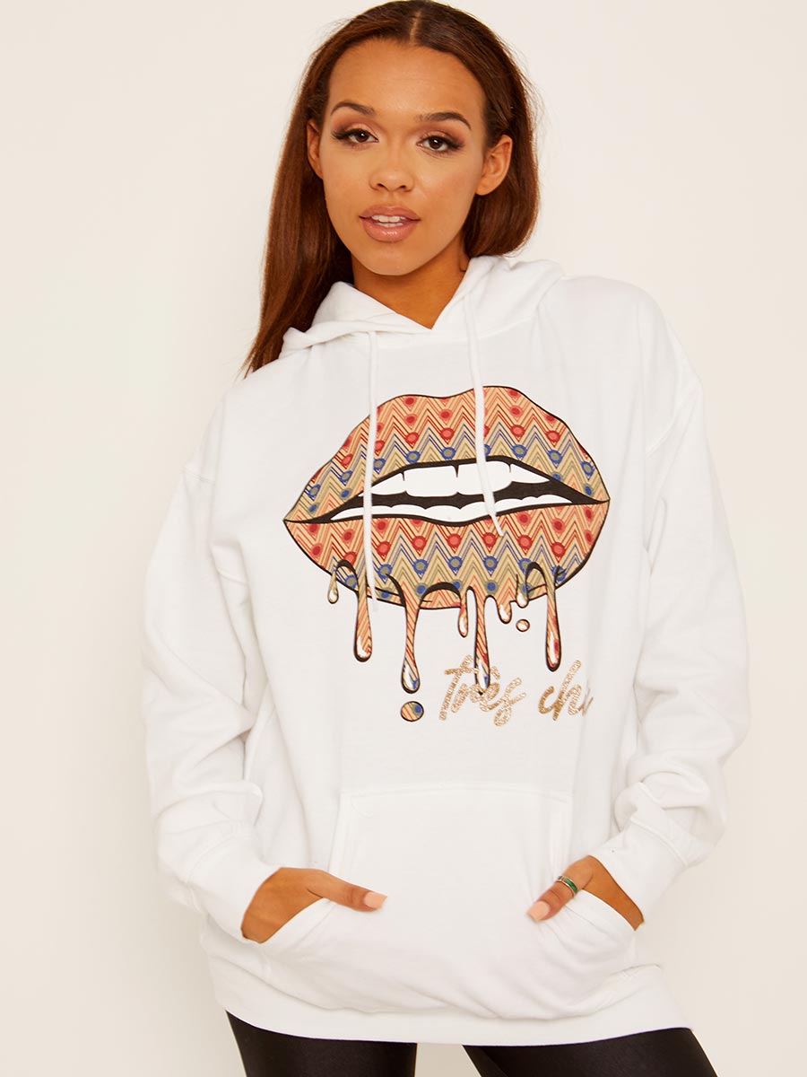 Chevron Lip Graphic Fleeced Hoodie