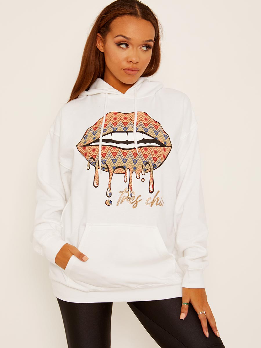 Chevron Lip Graphic Fleeced Hoodie