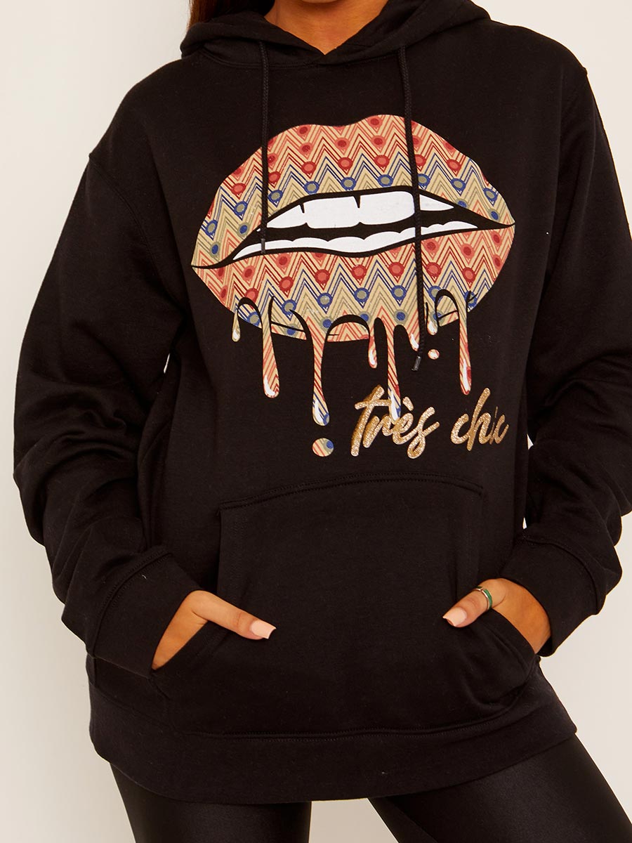 Chevron Lip Graphic Fleeced Hoodie