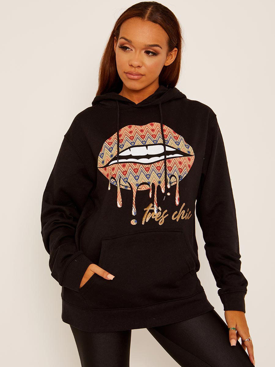 Chevron Lip Graphic Fleeced Hoodie