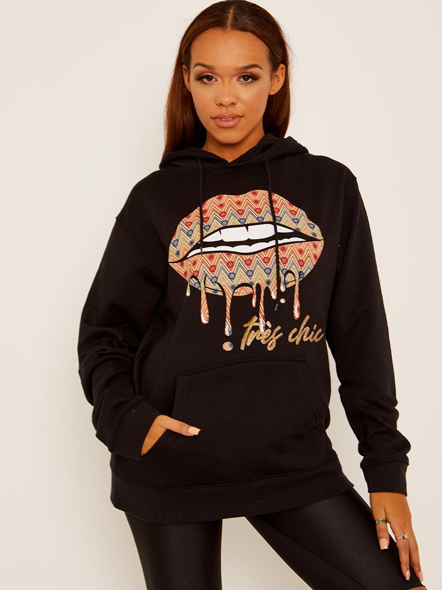 Chevron Lip Graphic Fleeced Hoodie