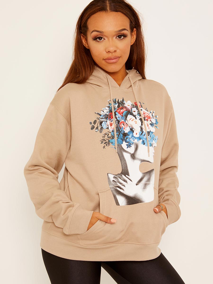 Flower Face Graphic Fleeced Hoodie