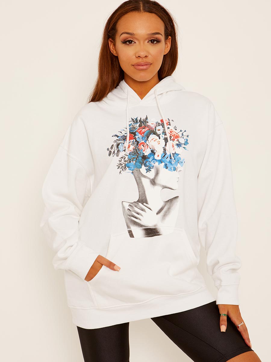 Flower Face Graphic Fleeced Hoodie