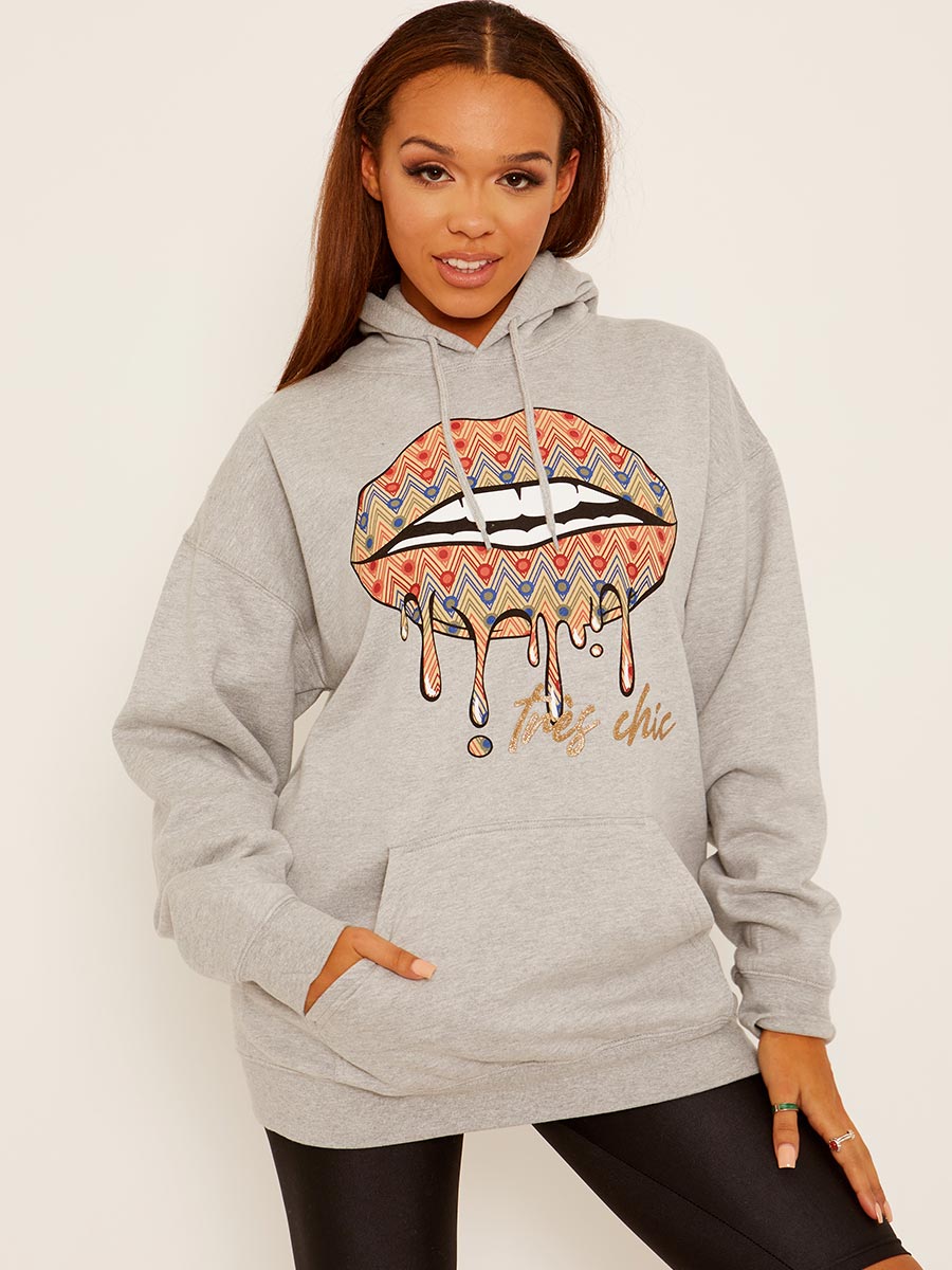 Chevron Lip Graphic Fleeced Hoodie