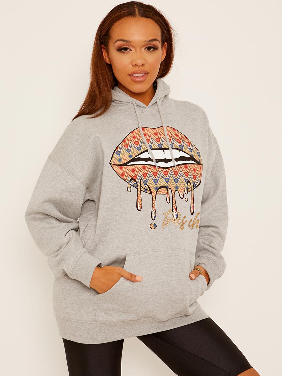 Chevron Lip Graphic Fleeced Hoodie