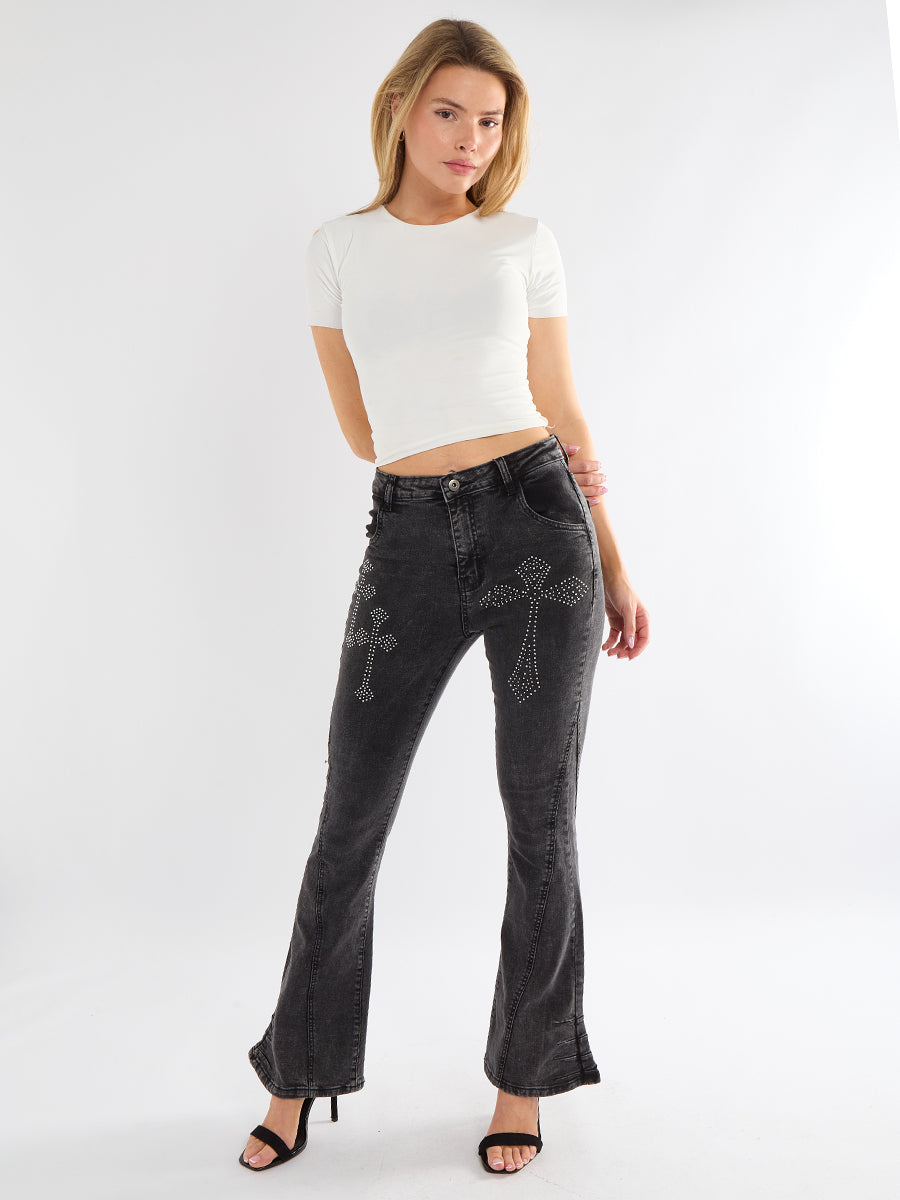 Wide Leg Cross Studded Denim Jeans