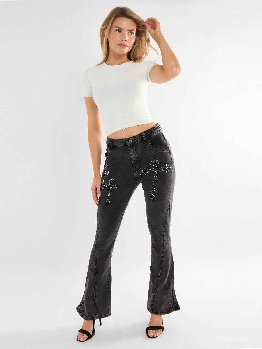 Wide Leg Cross Studded Denim Jeans