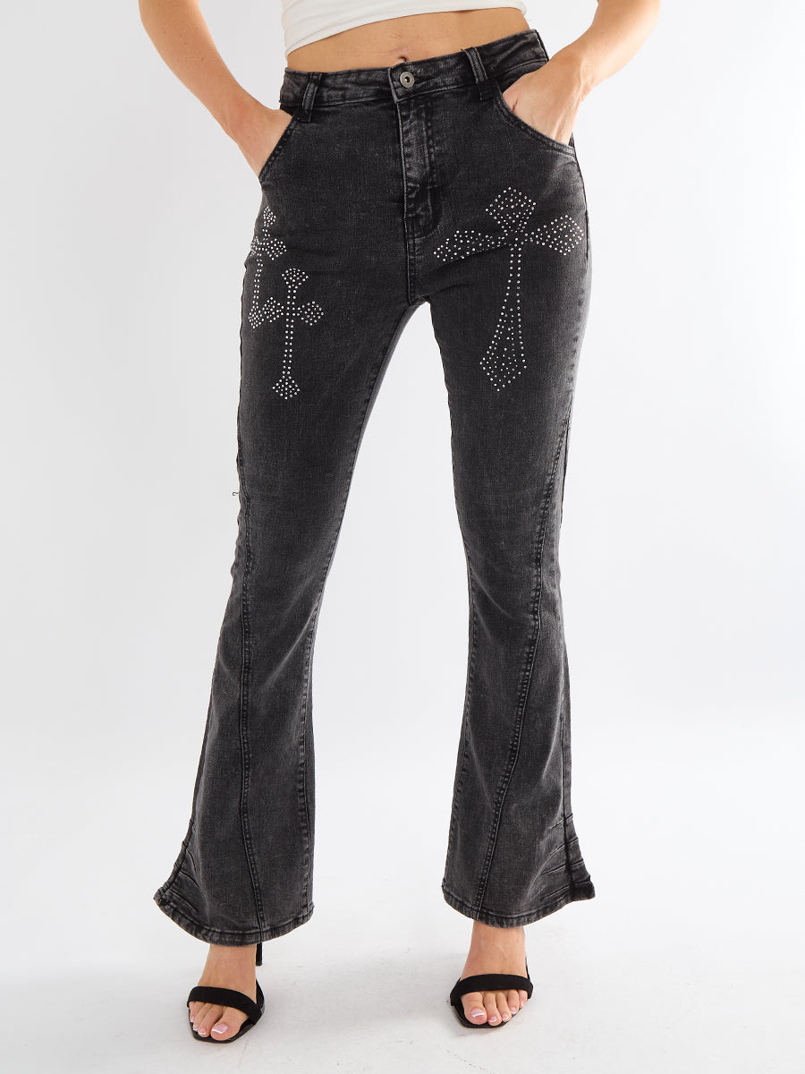 Wide Leg Cross Studded Denim Jeans