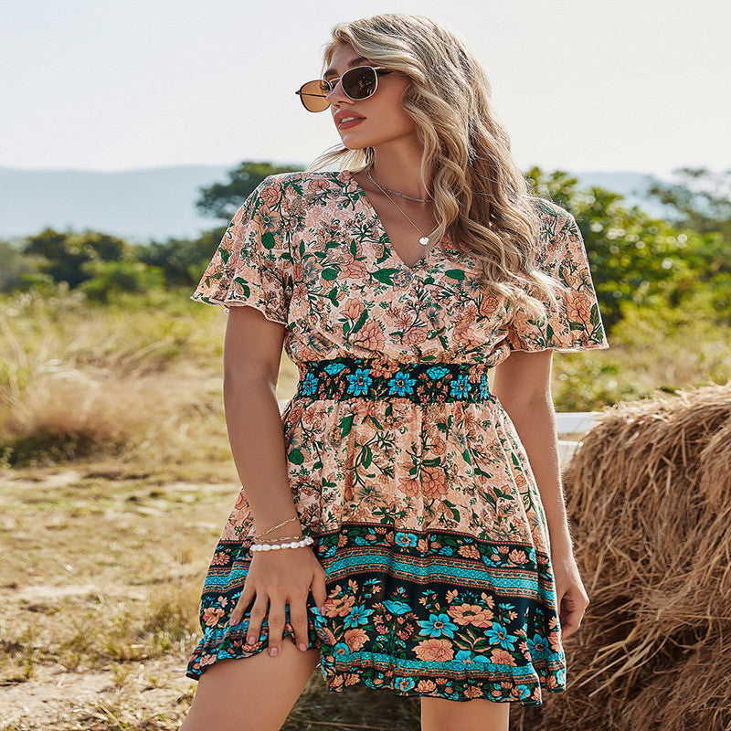 Women Summer Bohemian Print Dress Ladies V-Neck Beach Dress
