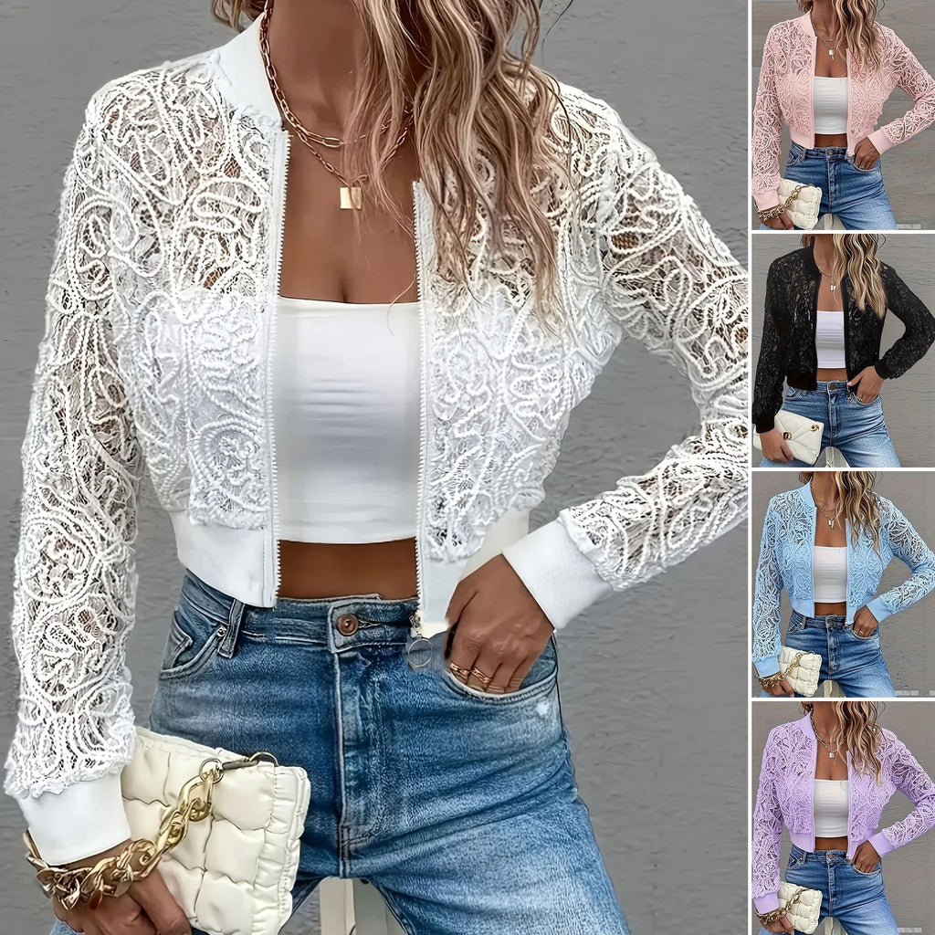 Women's Solid-Color Fashionable Short Lace Jacket With Zipper