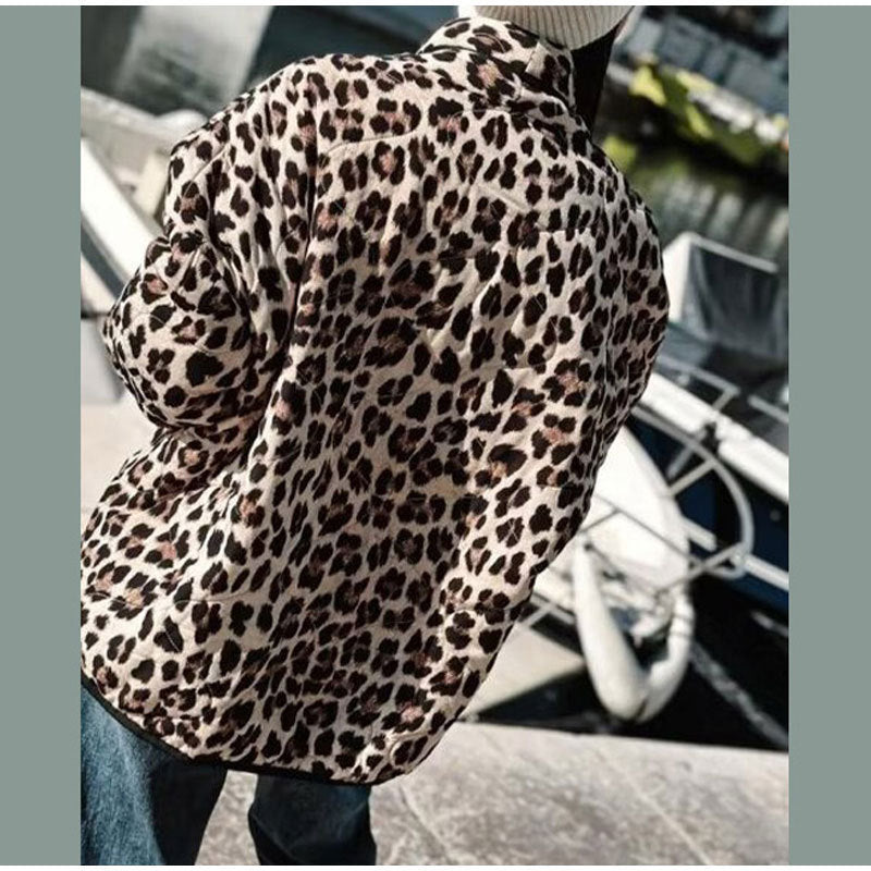 Vintage Leopard Print Printed Women's Lapel Pocket Loose And Warm Coat