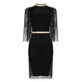 Women's Round Neck Fringed Belt Black And White Red Casual Dress