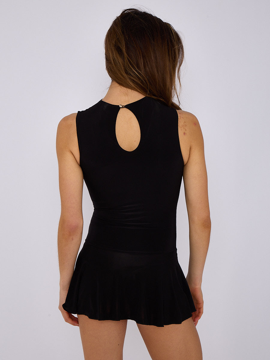Slinky High Neck Ruched Frill Hem Mini Dress