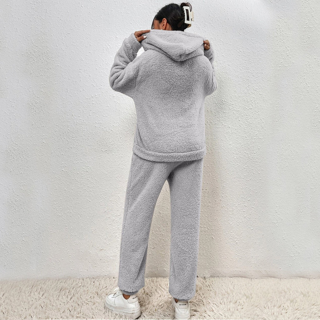 Winter Plush Pajama Set Fashion Casual Hooded Top And Elastic Band Pants Warm Sofa Carpet Home Clothes Women's Trousers Set Clothing