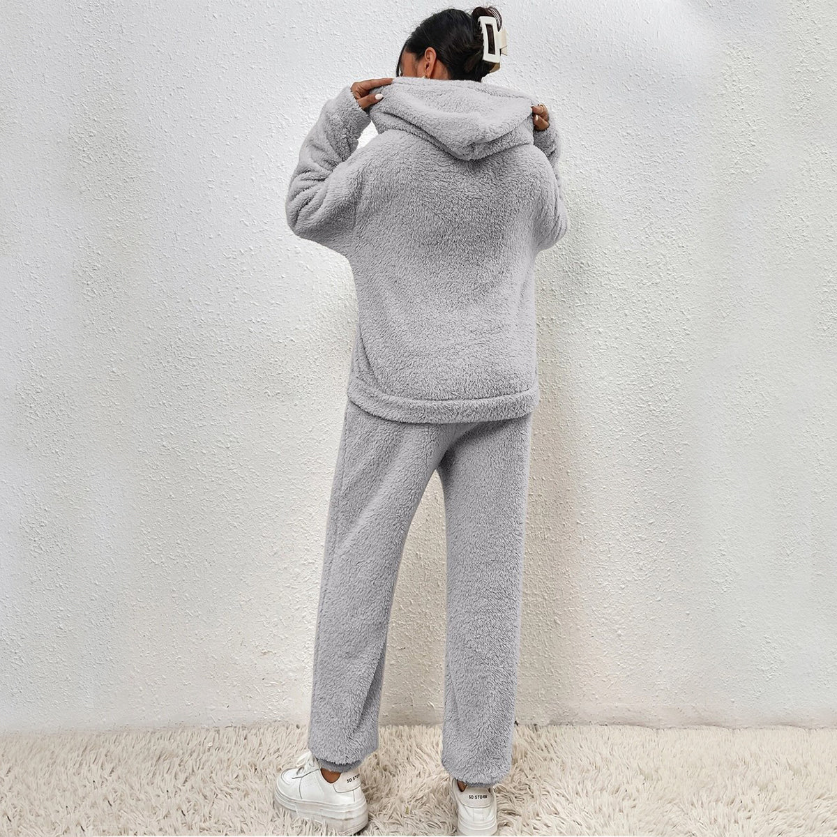 Winter Plush Pajama Set Fashion Casual Hooded Top And Elastic Band Pants Warm Sofa Carpet Home Clothes Women's Trousers Set Clothing