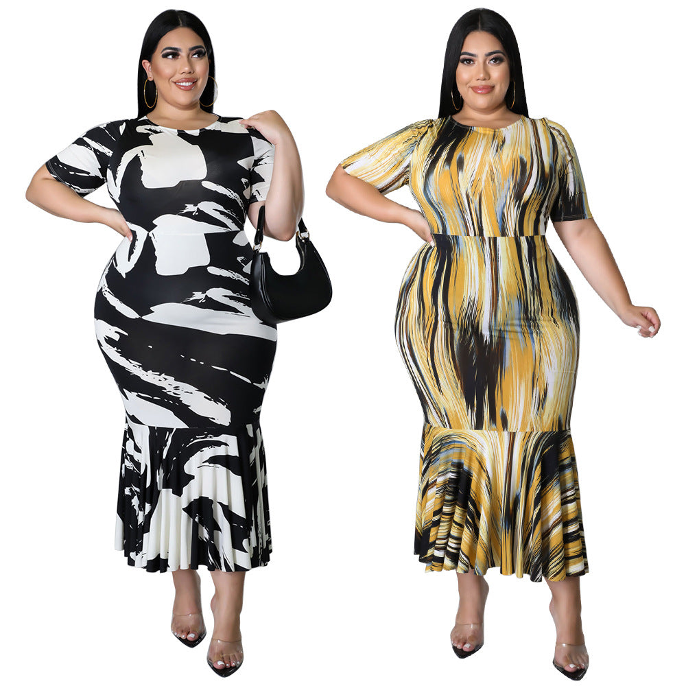 Women's Crew-Neck Short-Sleeve Ruffle-Trim Printed Plus-Size Dress