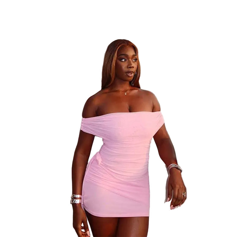 Mesh Patch Collar Solid Color Slim Fit Hip-wrapped Short Ribbon Dress