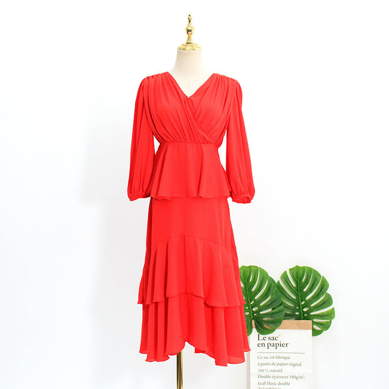Fashion V-neck High Waist Mid-length Dress Lady Style Skirt