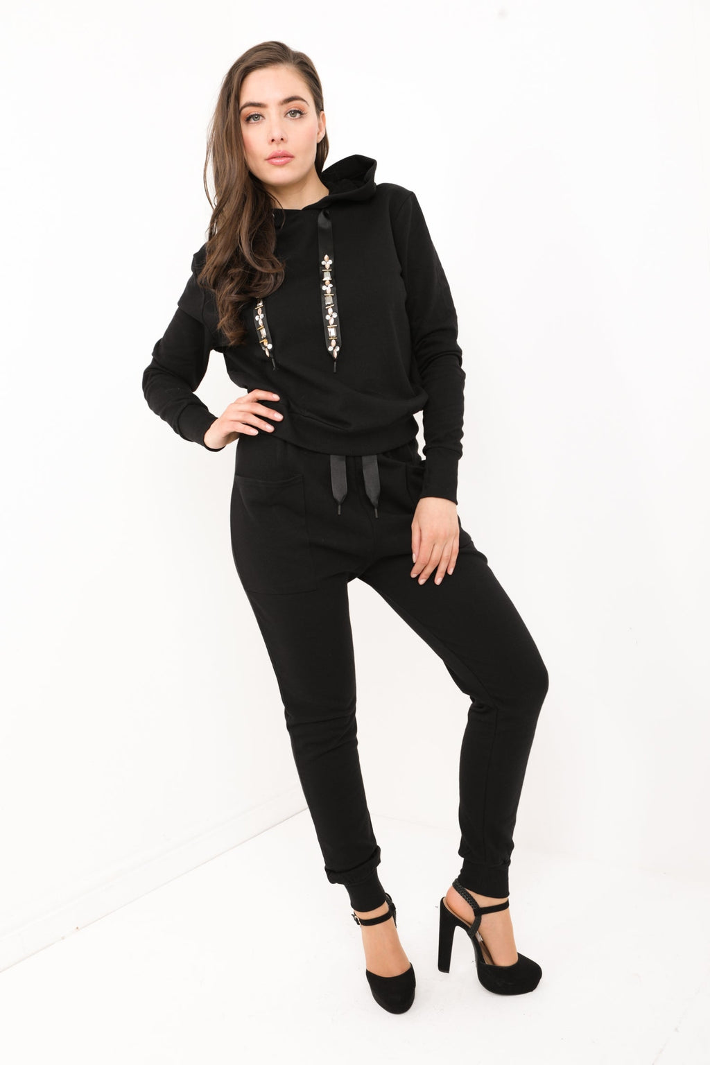 Diamante Embellished Drawstring Hooded Loungewear