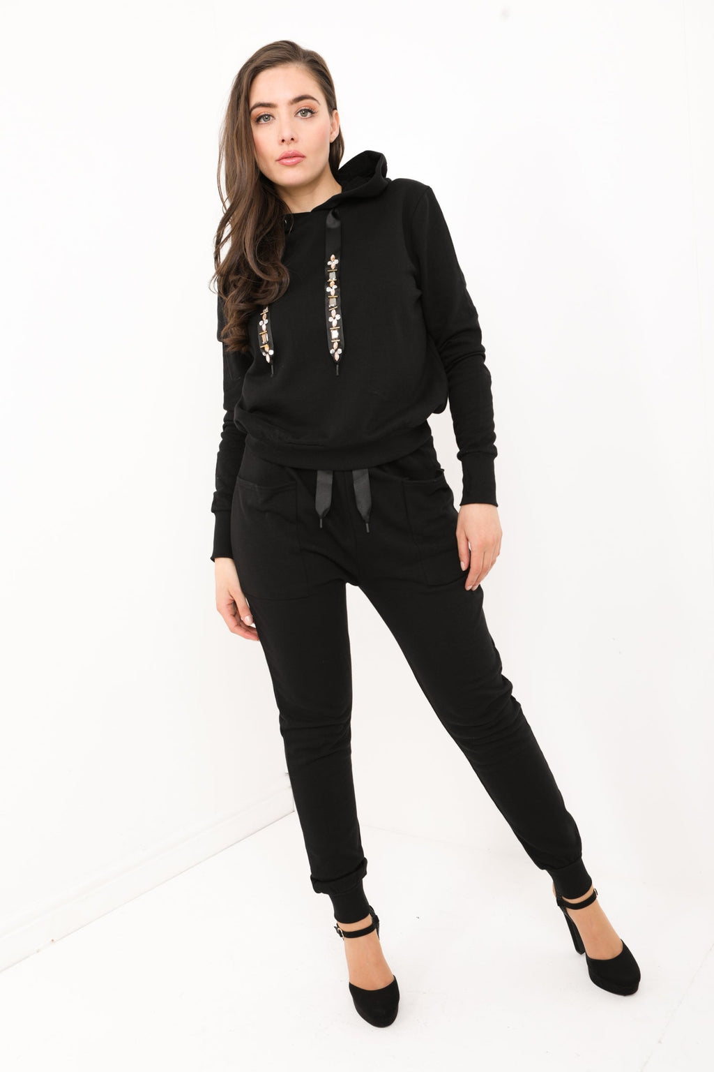 Diamante Embellished Drawstring Hooded Loungewear