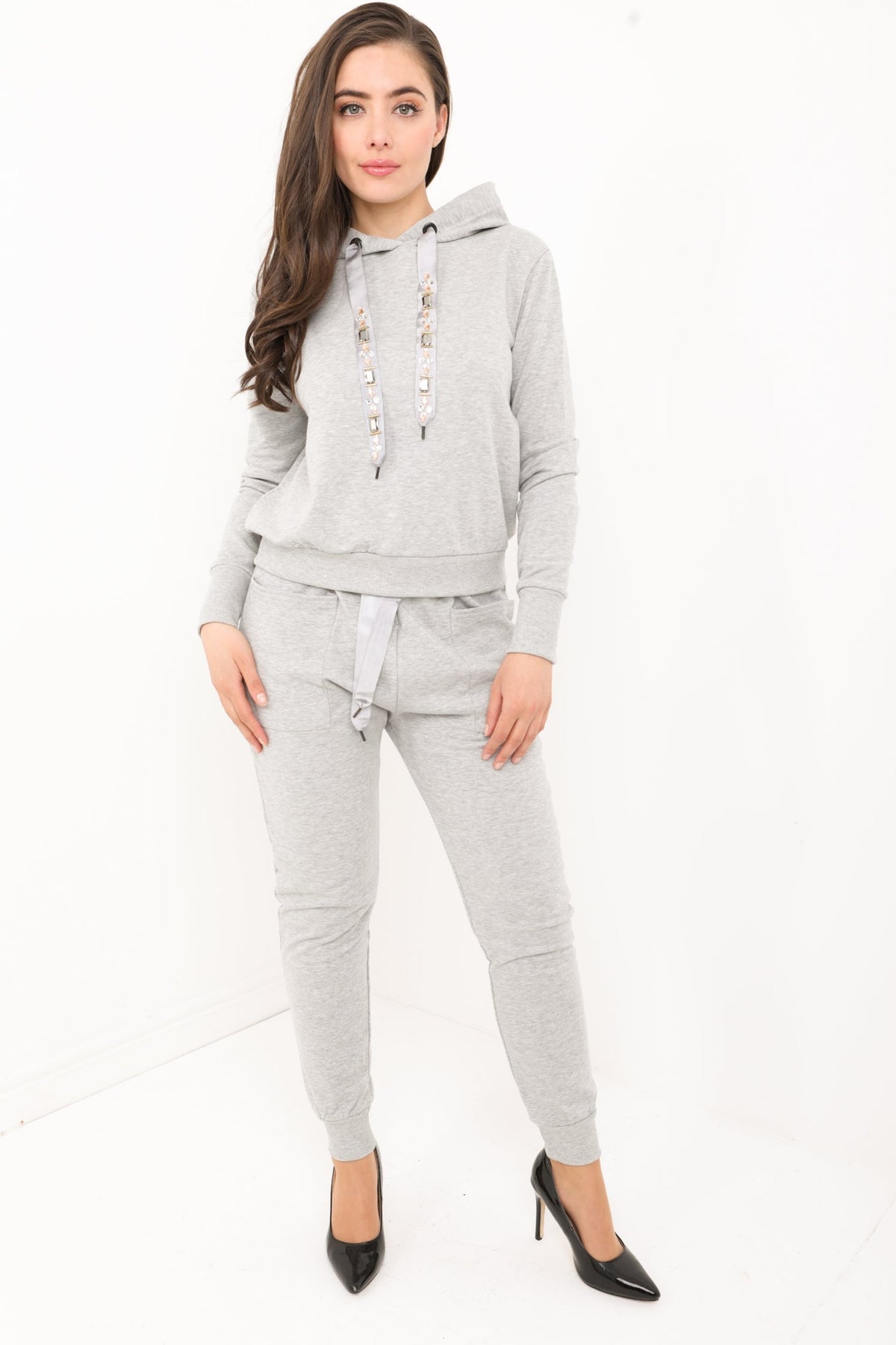 Diamante Embellished Drawstring Hooded Loungewear