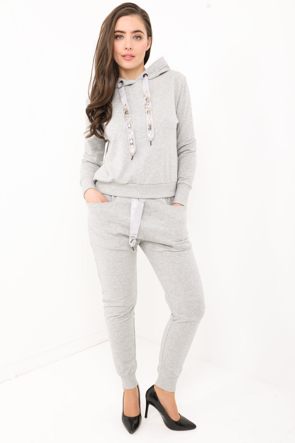 Diamante Embellished Drawstring Hooded Loungewear