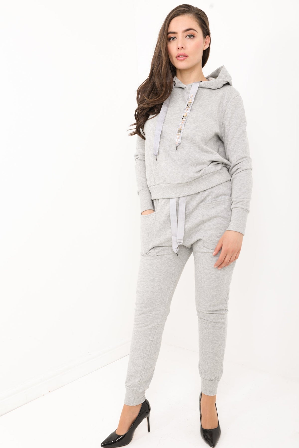 Diamante Embellished Drawstring Hooded Loungewear