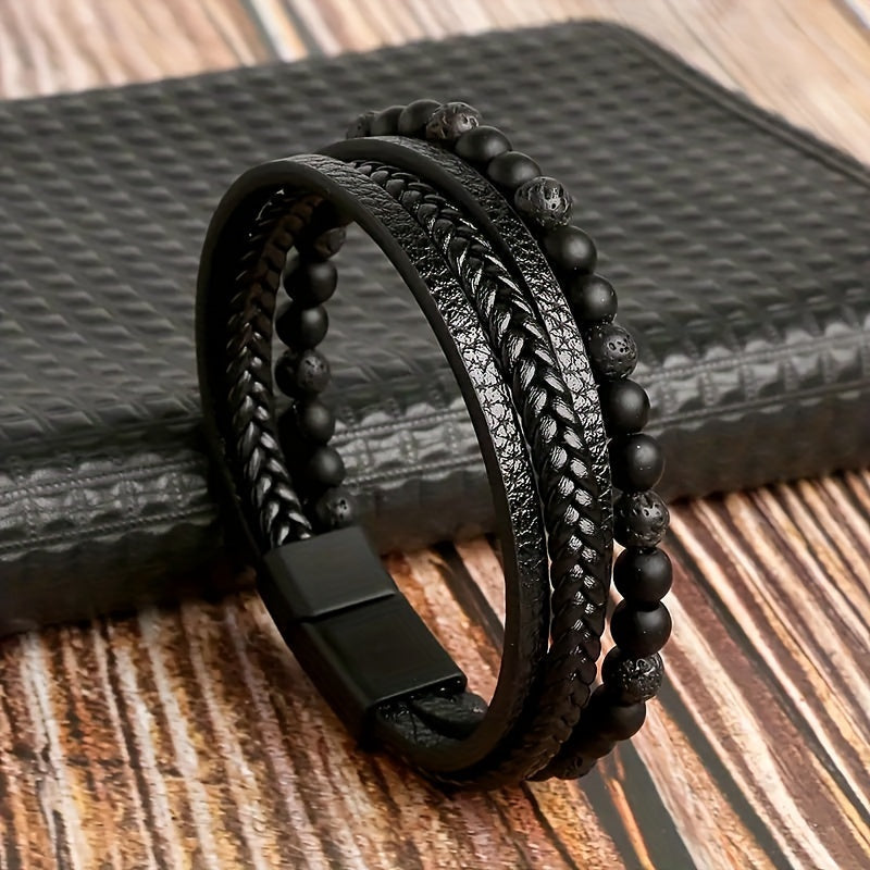 1pc Unique Tiger Eye Stone Beaded Fashion Layered Woven Faux Leather Men's Daily Wear Statement Bracelet