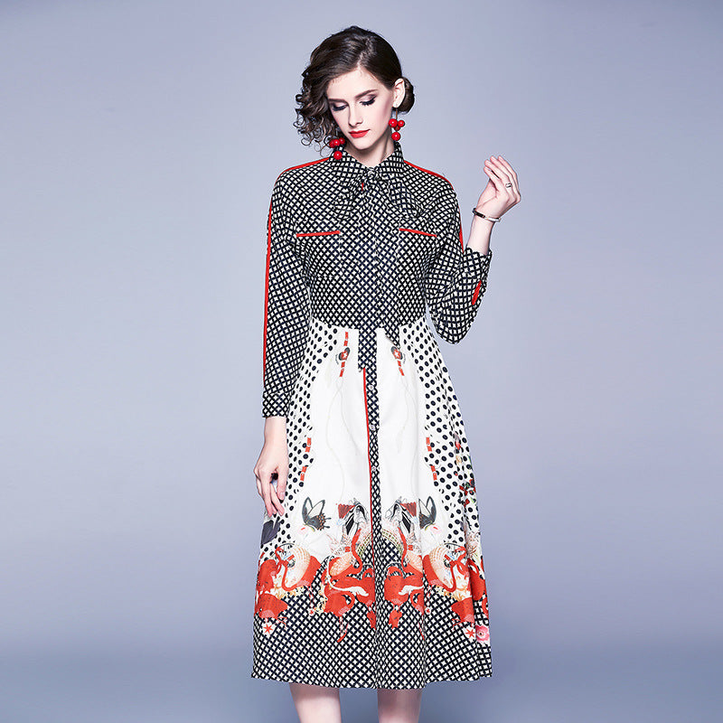 Fashion Printed Long-sleeved Waist Waist Mid-length Western-style Dress