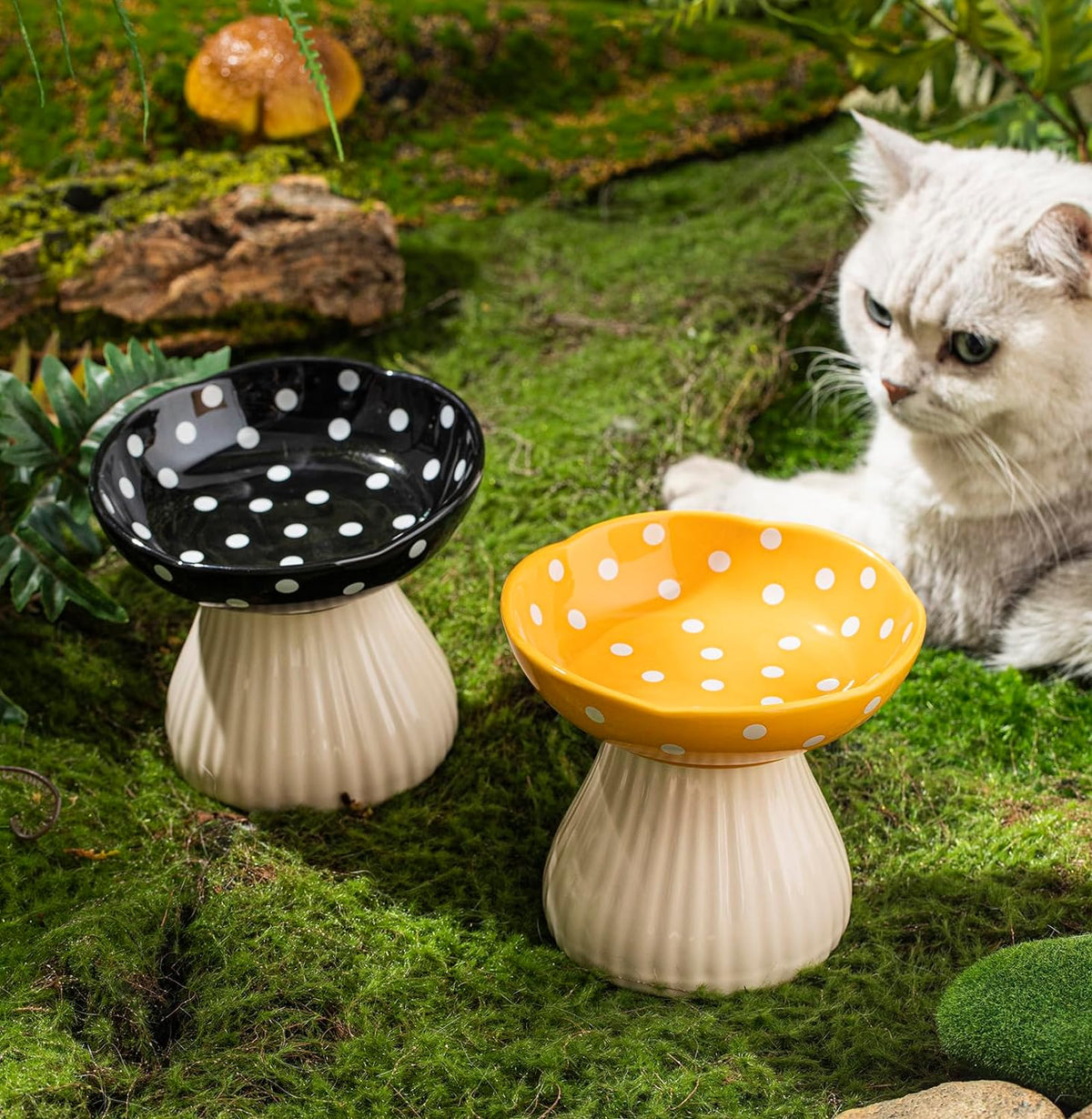 Mushroom Raised Cat Bowl With Cute Polka Dot Design And Safe Ceramic Material For Small Pets