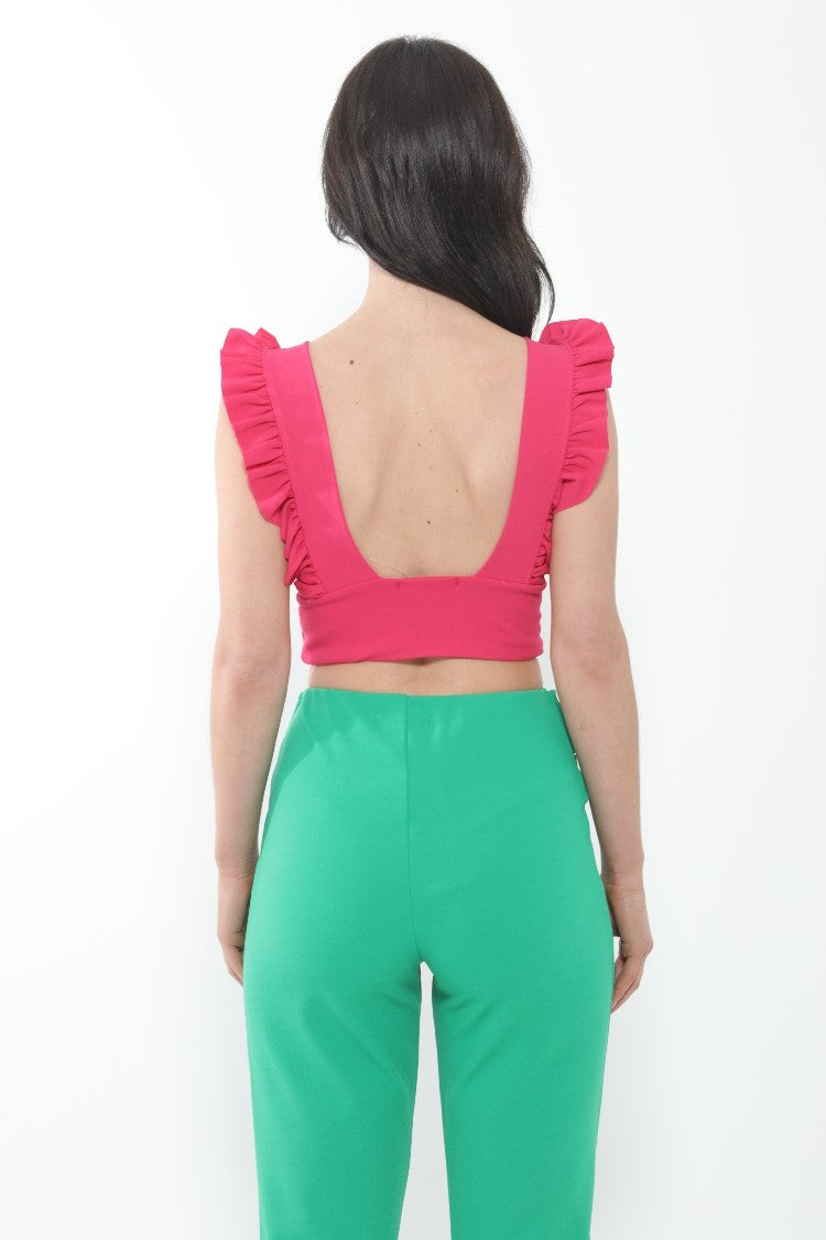Ruched Frill Strap Plunge Crop Top