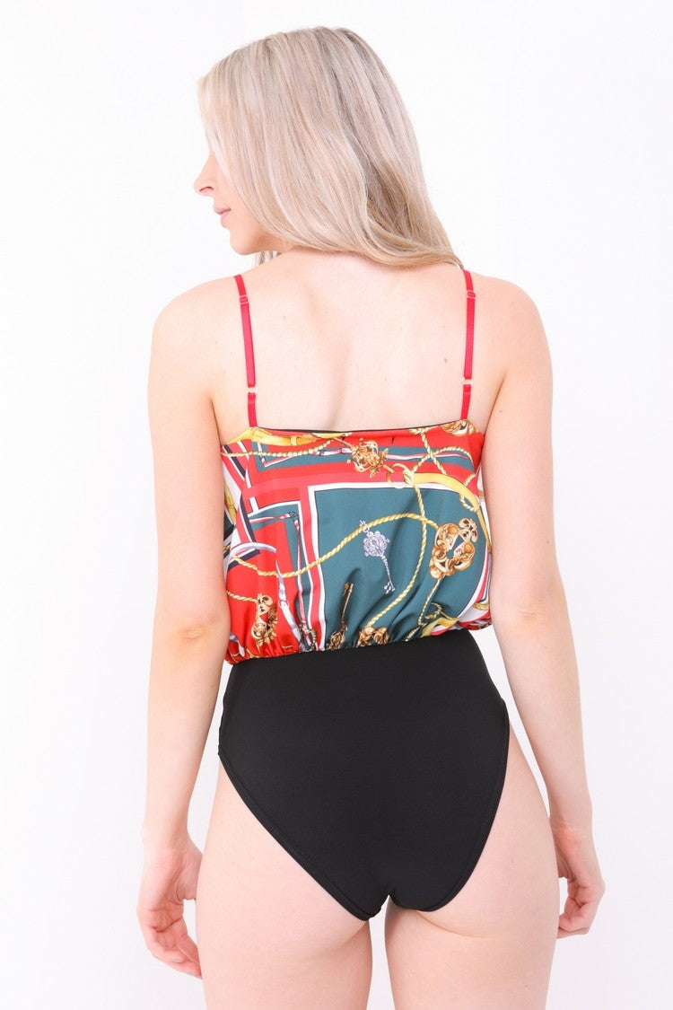 Key Scarf Print Wrap Front Cami Bodysuit