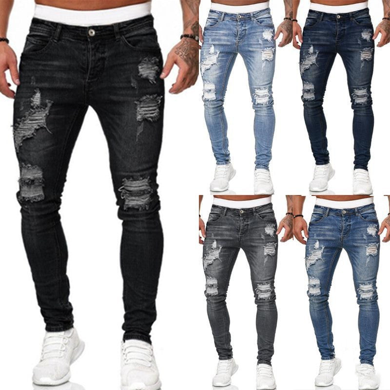Fashion Street Style Ripped Skinny Jeans Men Vintage Wash Solid Denim Trouser Mens Casual Slim Fit Pencil Denim Pants