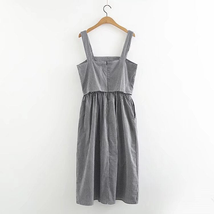 Summer Girl Picnic Series Black And White Plaid Flower Dress