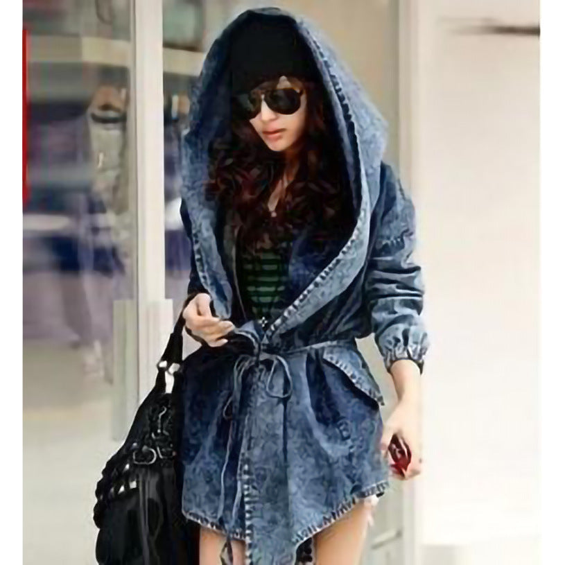 Women's Waist Denim Trench Coat With Long Sleeves Mid-Length Cloak Denim Jacket